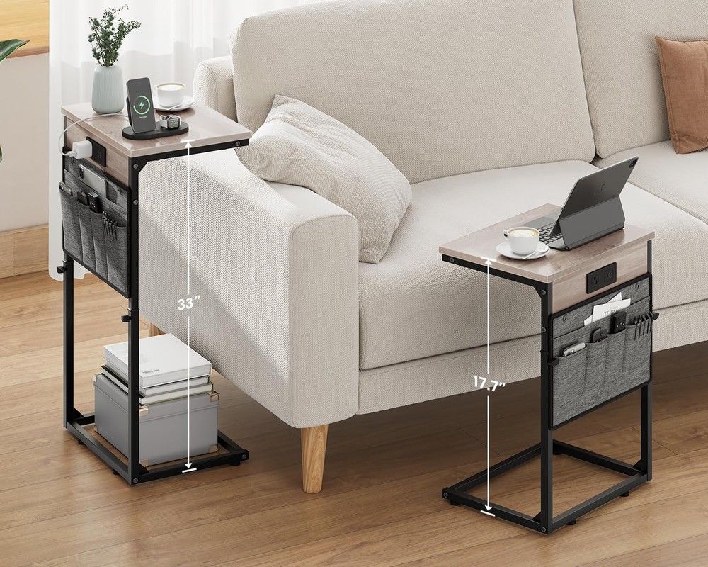 C Shaped End Table W/ Charging Station 33"Tall C Table End Table Adjustable