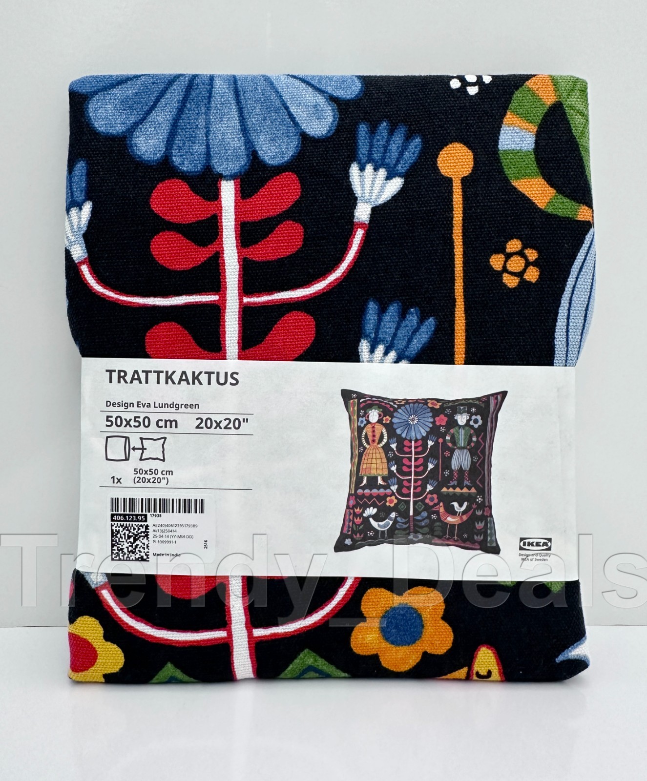 Ikea TRATTKAKTUS Pillow Cushion Cover 20" x 20" Black/Multi Folk Pattern - NEW