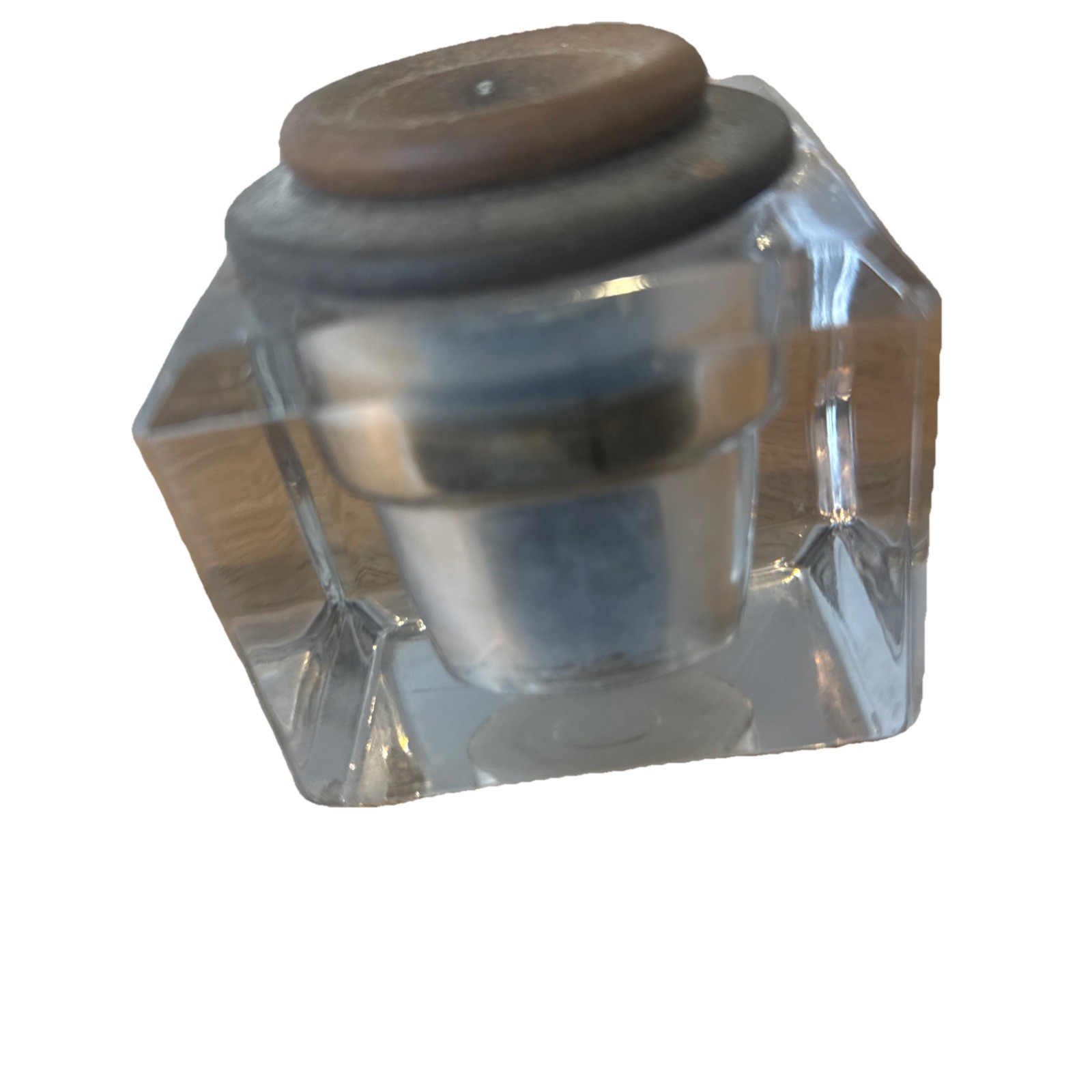 NON SPILLING INKWELL LATE 1800’s Early 1900’s GLASS WITH METAL COLLAR & CAP