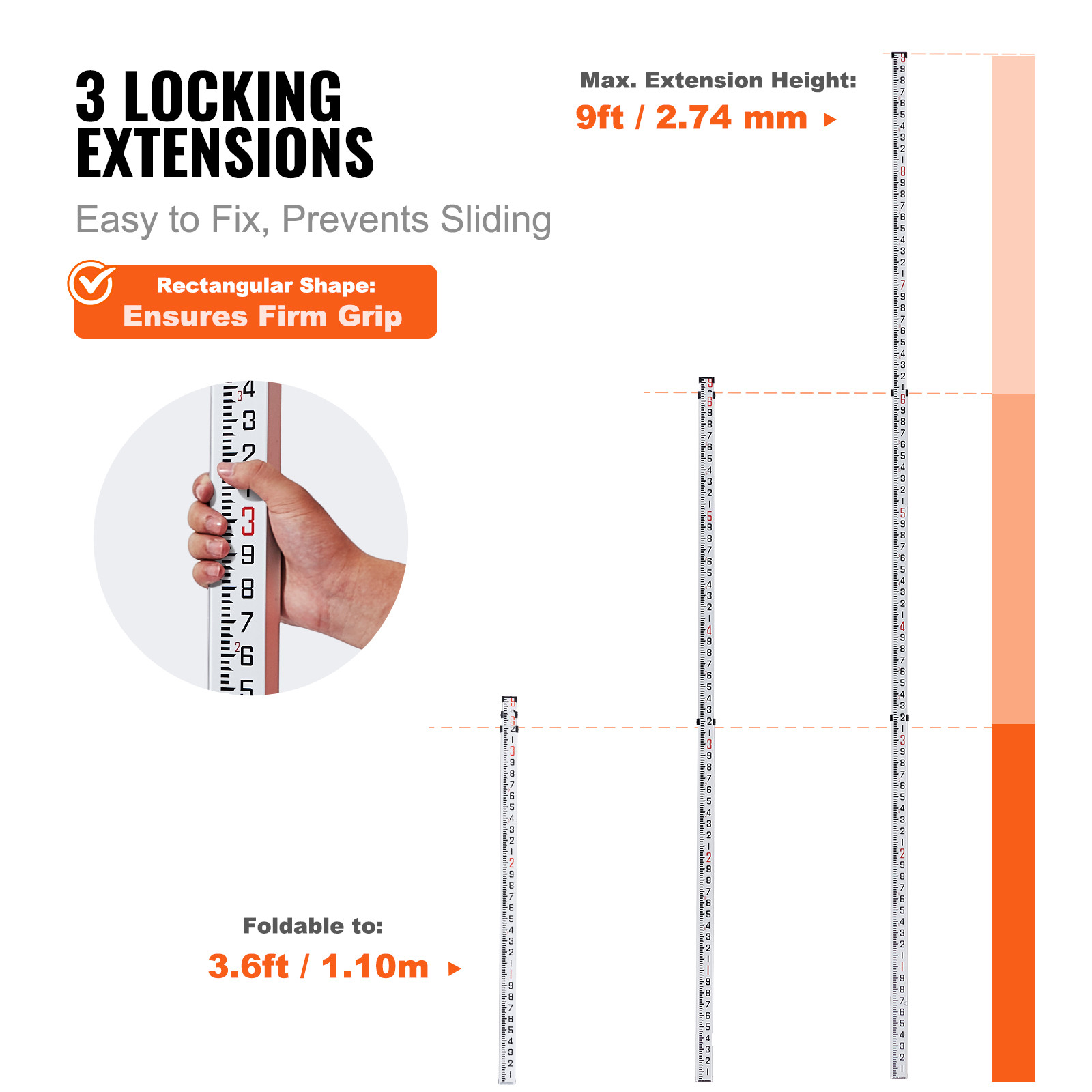 VEVOR Measuring Rod 9-Feet/10ths 3 Sections Telescopic Grade Rod 1/10ft w/ Bag