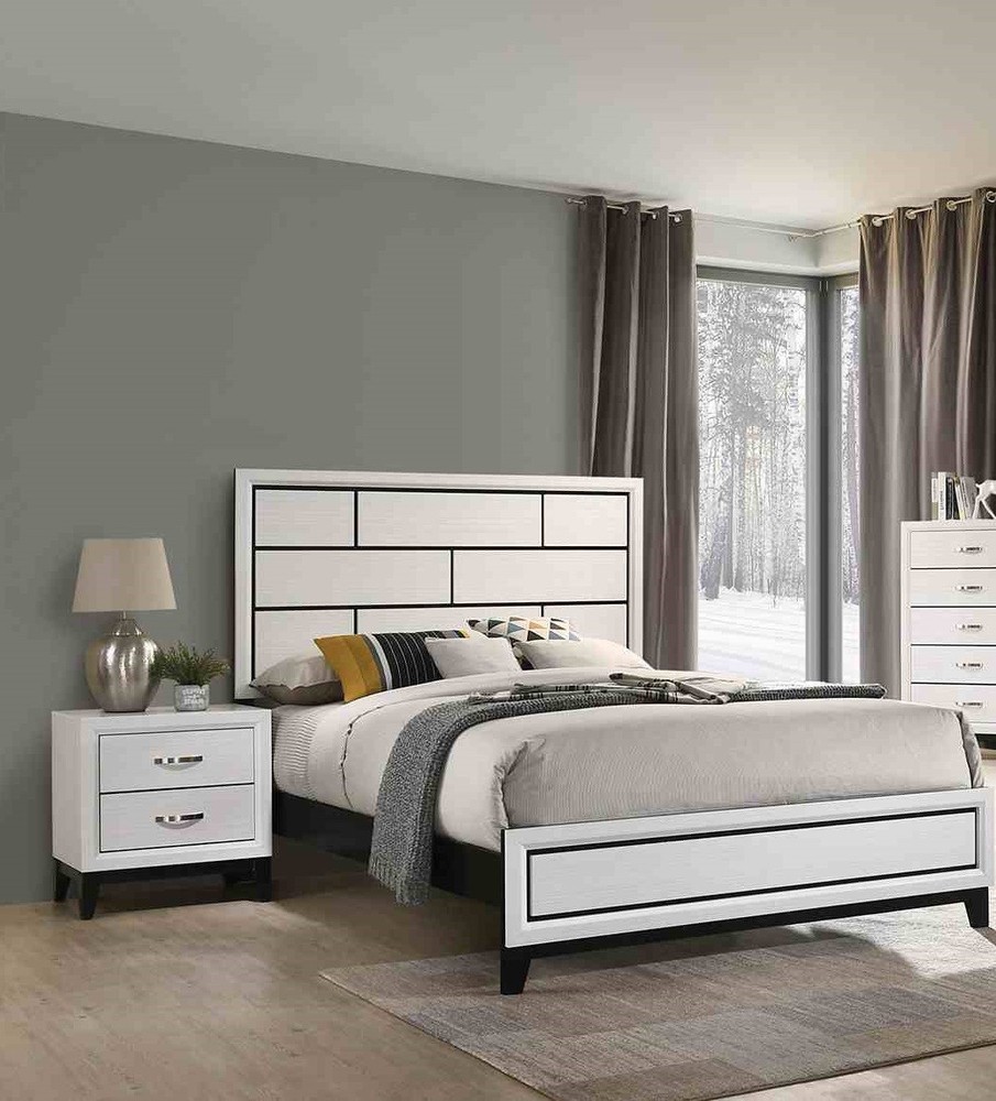 Contemporary Style Queen Size 1pc Bed Set Panel Headboard Two Tone Design White
