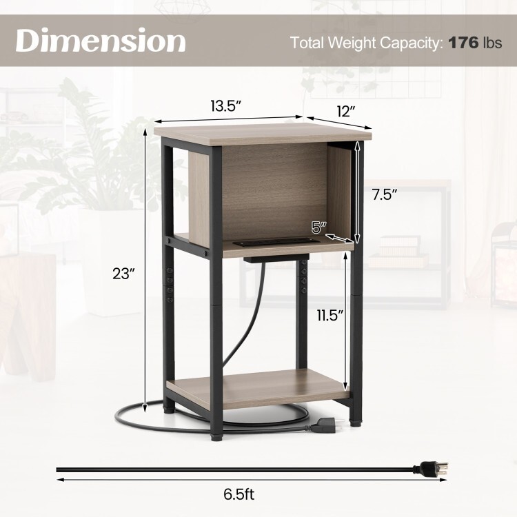 3Tier Side Table Modern Nightstand End Table Storage w/USB Ports & Power Outlets