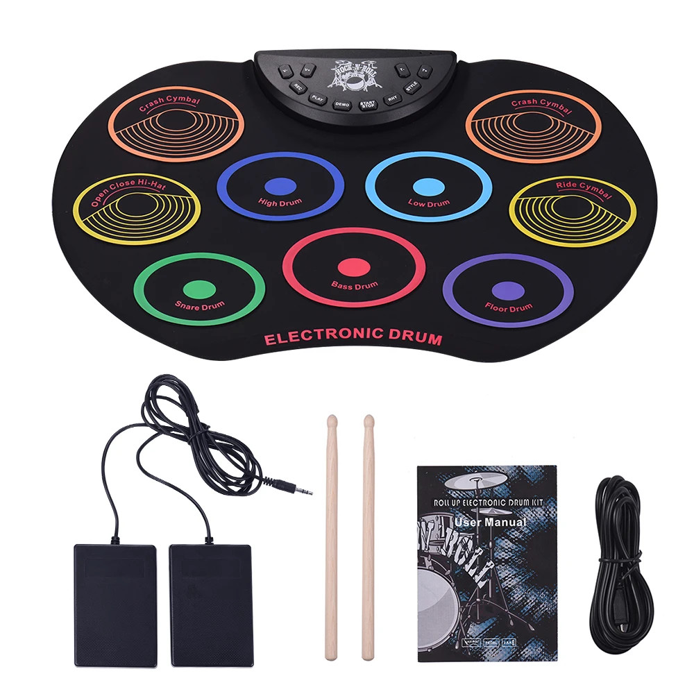 New Roll-Up Drum Set Electronic Drum Kit 9Silicon Drum Pads USB/Battery Powered