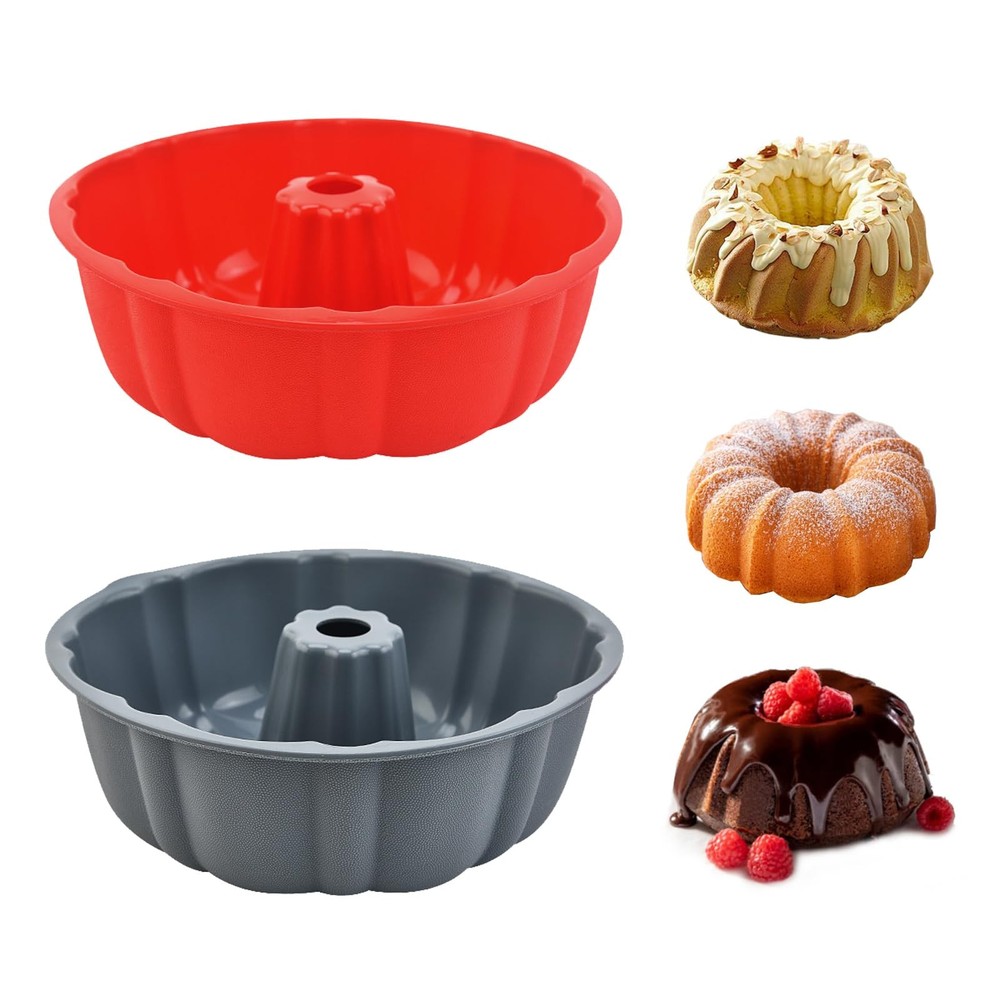 PADELE 2 Pack Silicone Cake Pan Nonstick,10 Inch, large, Red+Grey