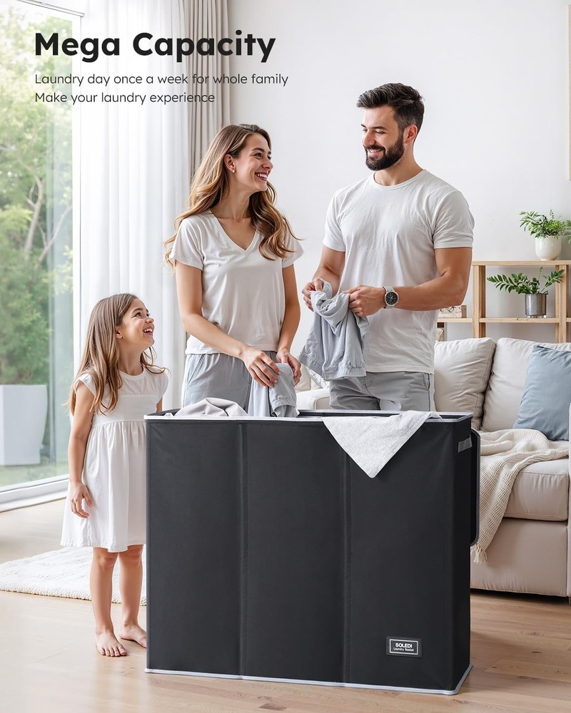 Extra Large 3-Section Laundry Hamper, 180L with Lid - Modern Storage Solution
