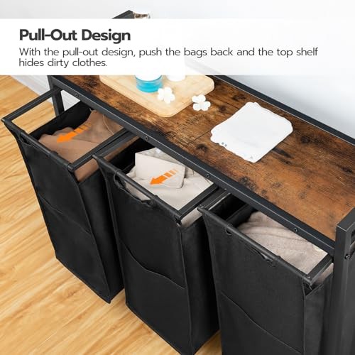 Laundry Sorter 3 Section, Laundry Hamper with Wheels, 3 × Rustic Brown + Black