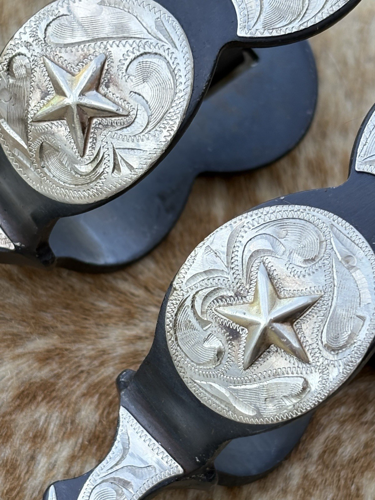 Men’s Size Black Steel Jingle Bob Spurs Engraved Silver PAIR Oversized Rowels