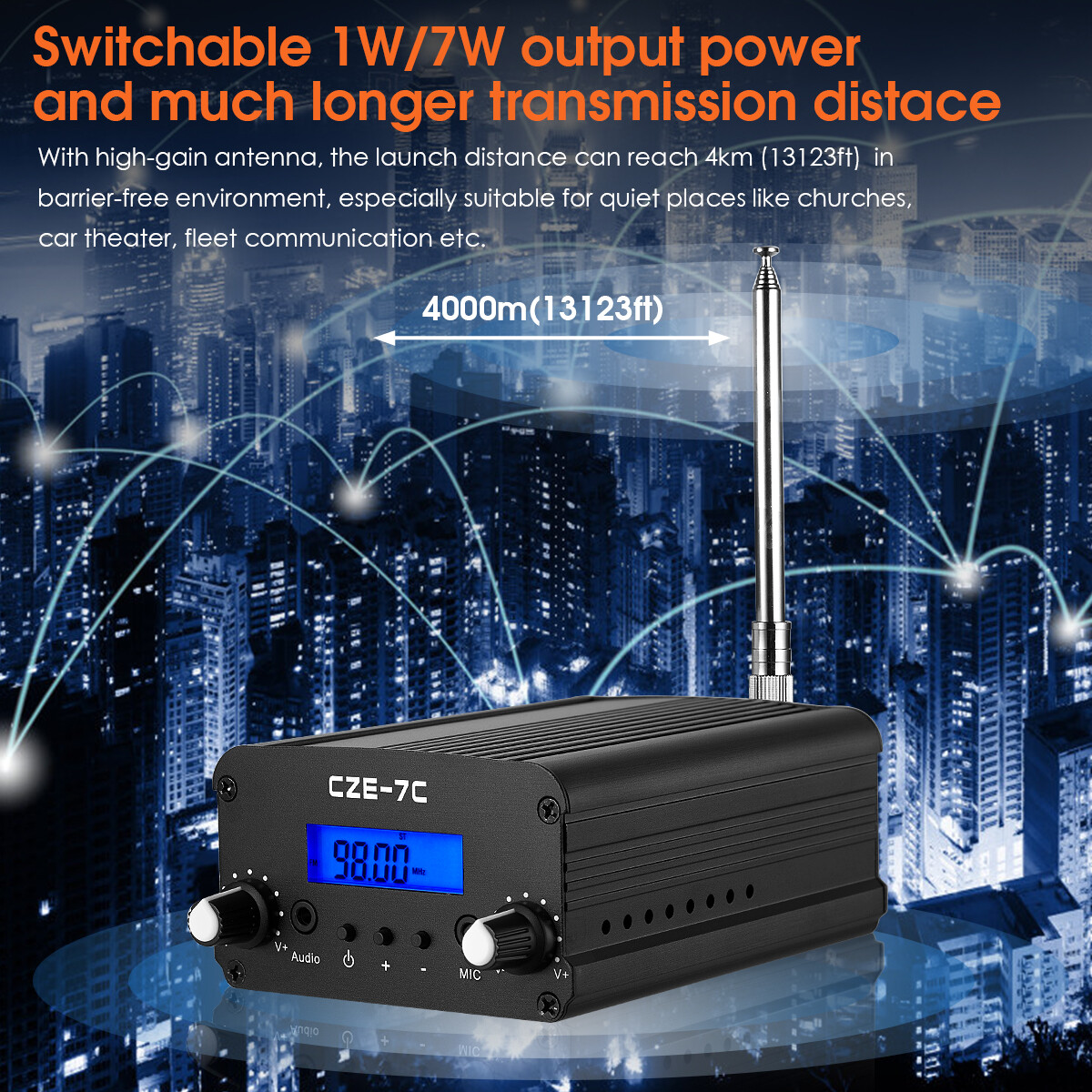 7W Wireless FM Transmitter for Church Long Range Stereo Broadcast Station Radio