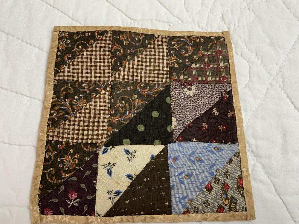 Antique Patchwork Quilt Table Topper, Nine Patch, Triangle, Early Calicos, Brown