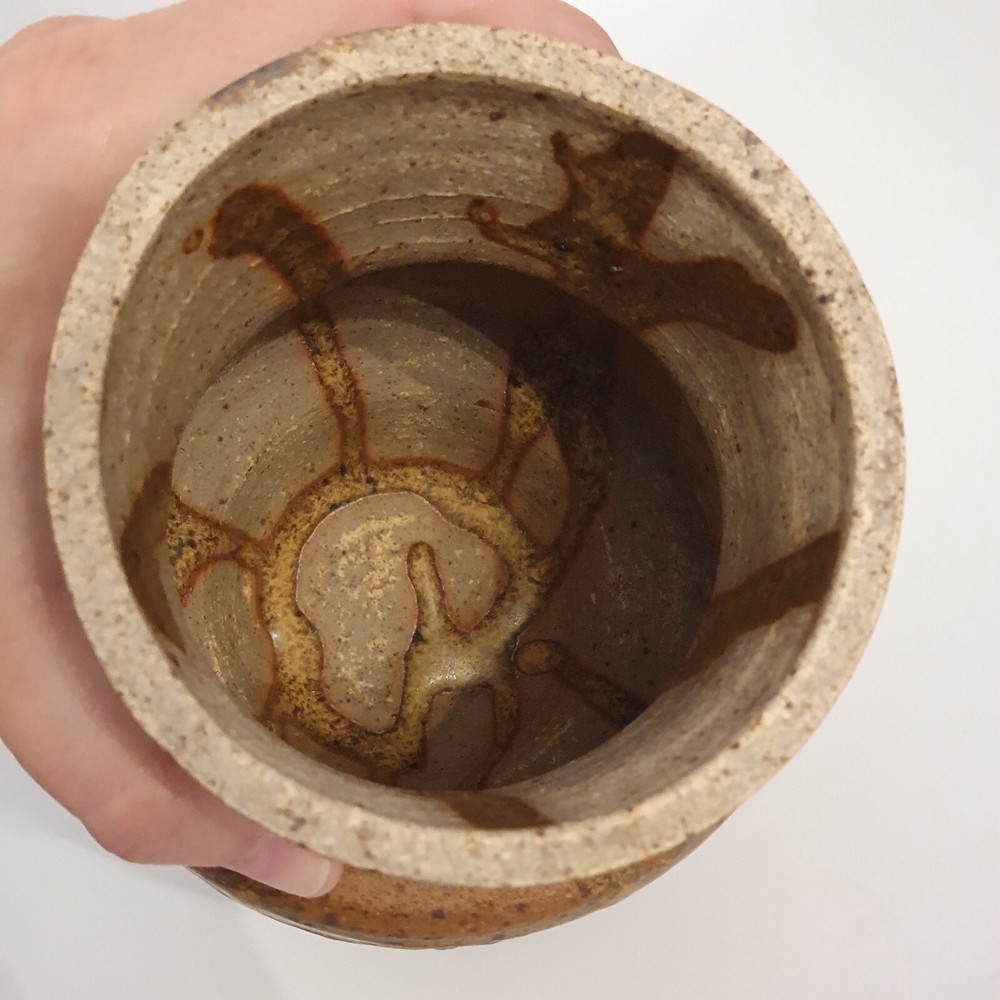 Vintage MCM Earthenware Covered Jar Ash Glaze Threaded 6.5"H Signed
