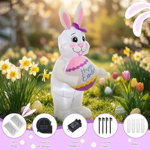 4FT Easter Inflatable Bunny with Egg Outdoor Decoration,Easter Blow Up Yard