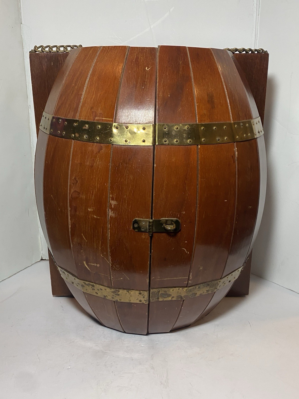 Vintage MCM Wood Barrel Bar Liquor Cabinet Man Cave She Shed