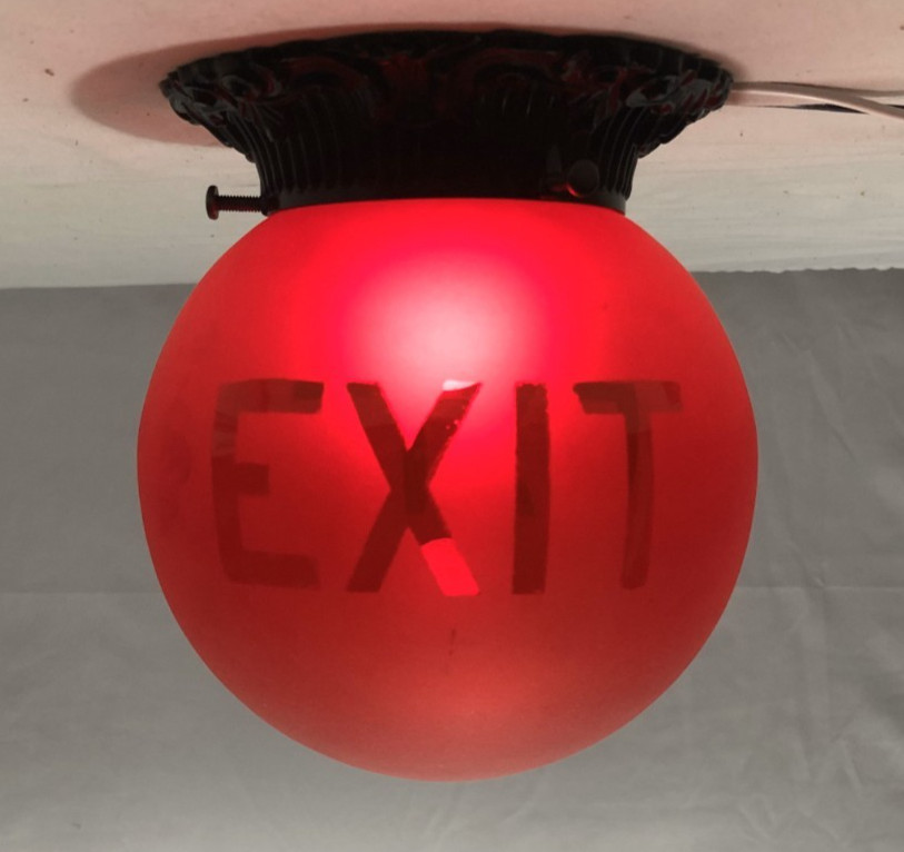 Antique Exit Glass Globe Vtg Ceiling Light Fixture Flush Frosted Art USA #L31