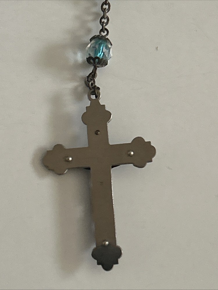 Vintage Rosary 23.5" Faceted Glass Rectangular Light Blue Beads