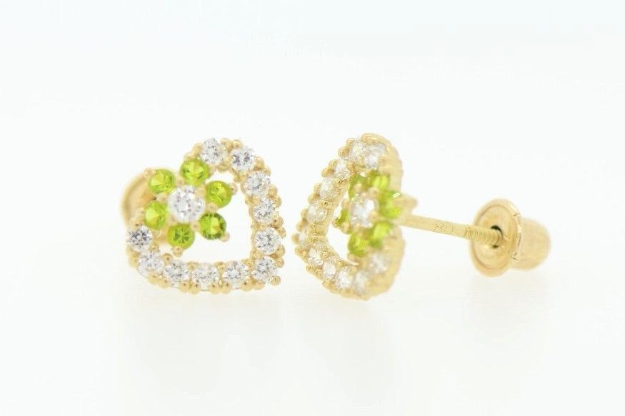 14K Yellow Gold Stud Heart Shape CZ Stud Earrings