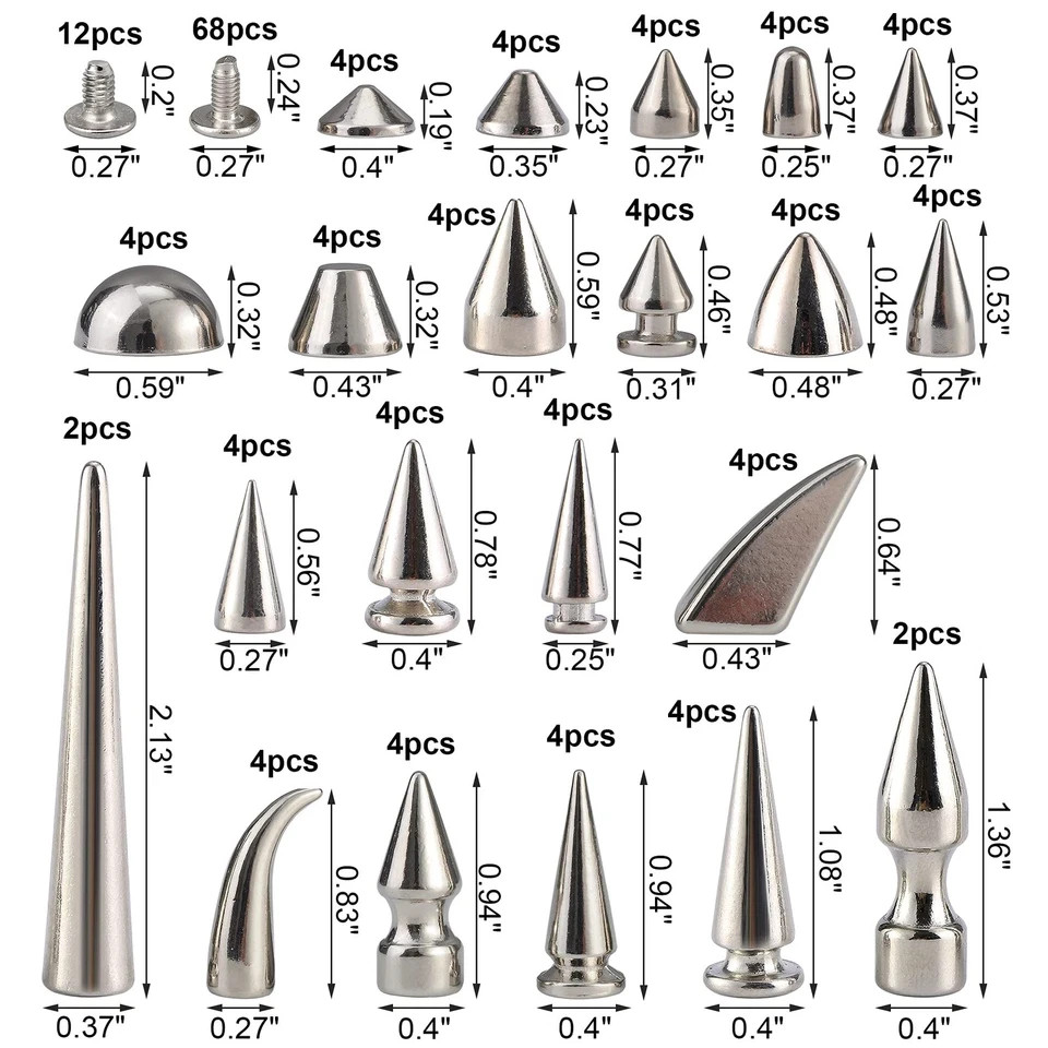 80 Sets Mixed Shape Spikes and Studs Assorted Sizes Silver Color Screw Back B...