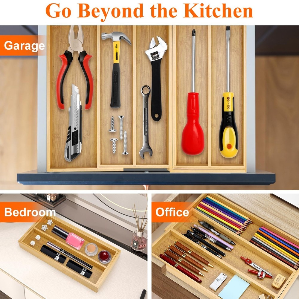Large Bamboo Silverware Drawer Organizer Tray Kitchen Tool Drawer Divider Org...
