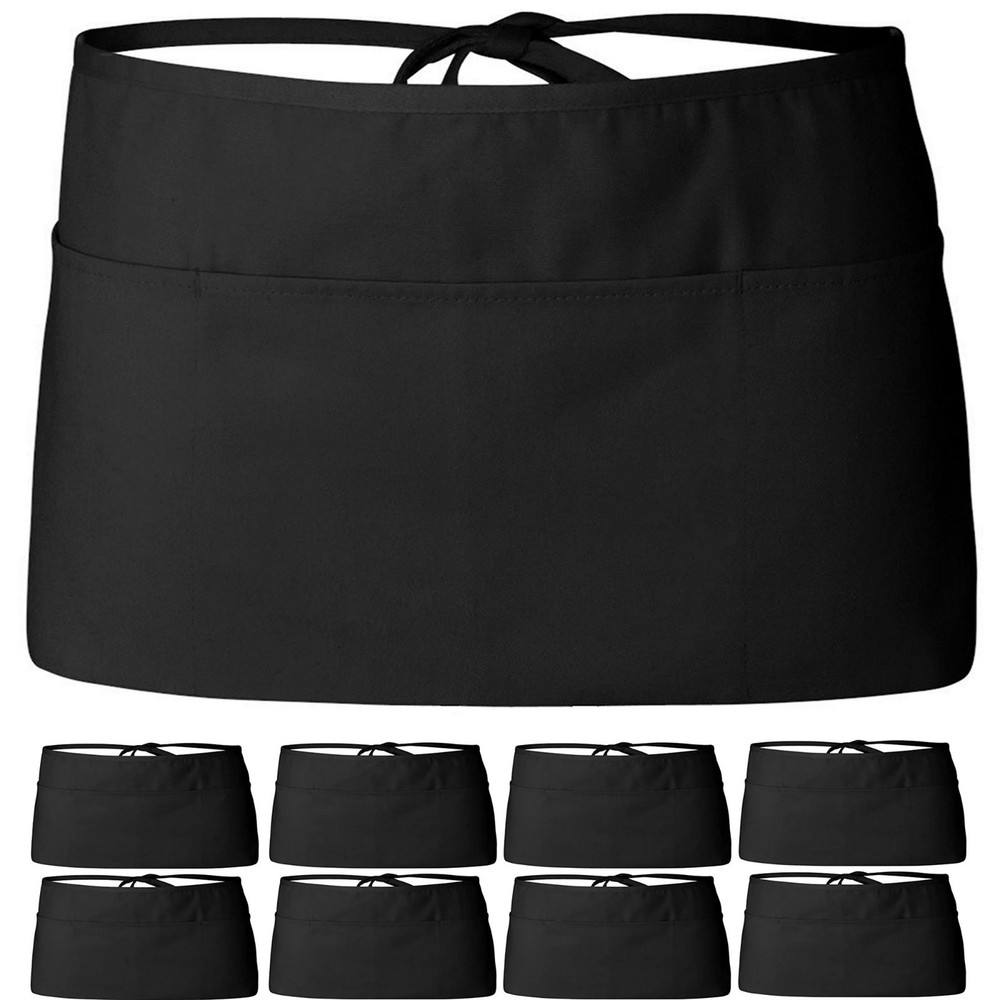 8 Wealuxe Solid Black Premium Professional Waist Apron 3 Pockets Waitress/Waiter