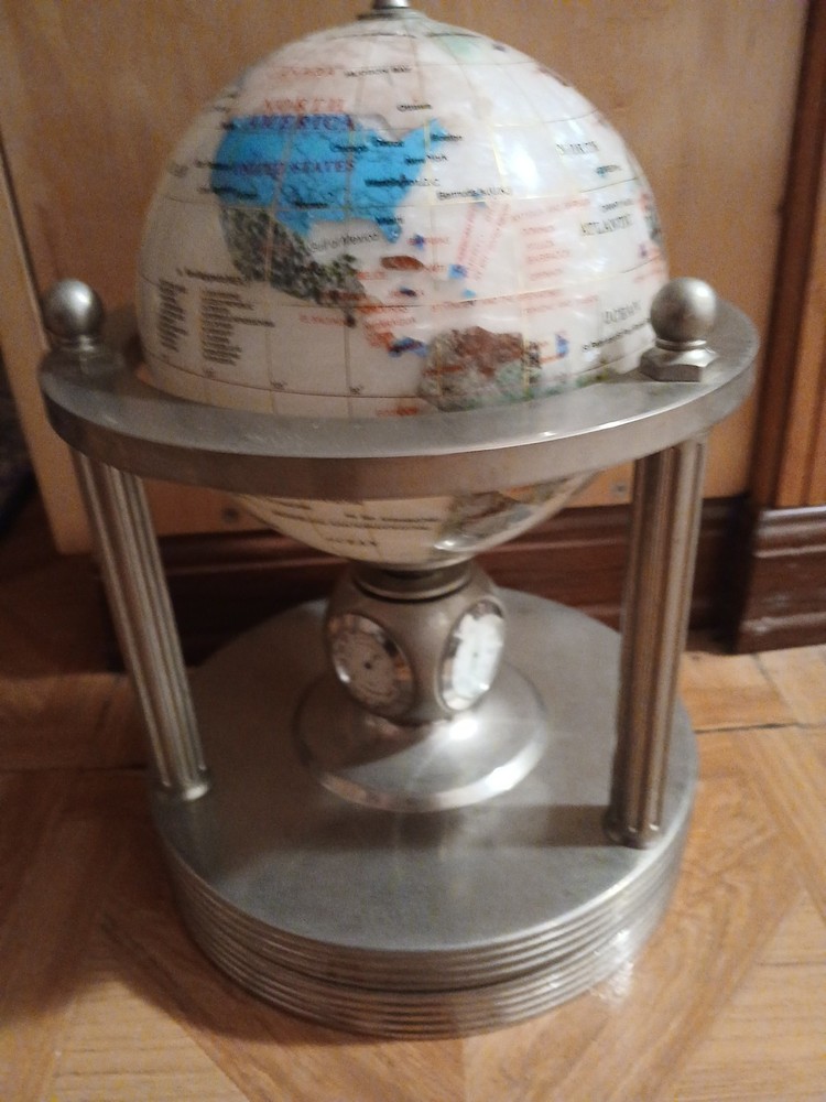 SemiPrecious-Gemstone Globe+Clock +Thermometer+Hygrometer,Double-Rotating