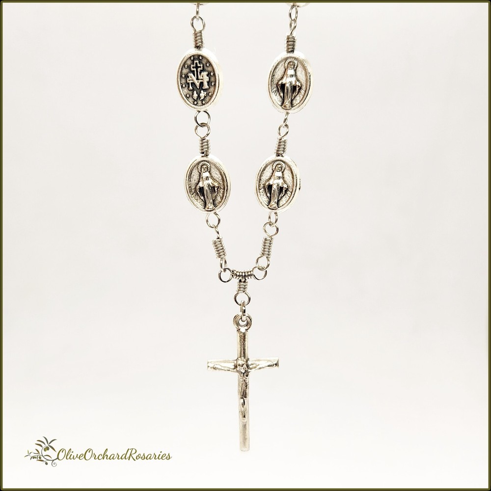 Handmade Miraculous Medal Silver Oxidized Metal Beads Rear View Mirror Rosary