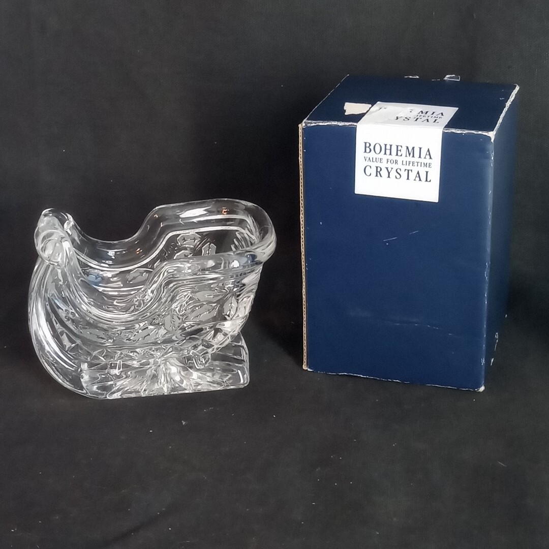 Bohemia 24% Lead Crystal Sleigh Centerpiece Candy Dish 5” x 3.5” In Box Vintage