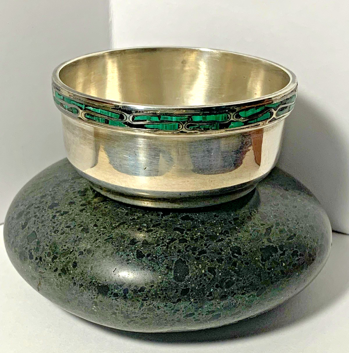 Vintage Sterling Silver Bowl Dish with Inlay Malachite Stone Mid Century Modern