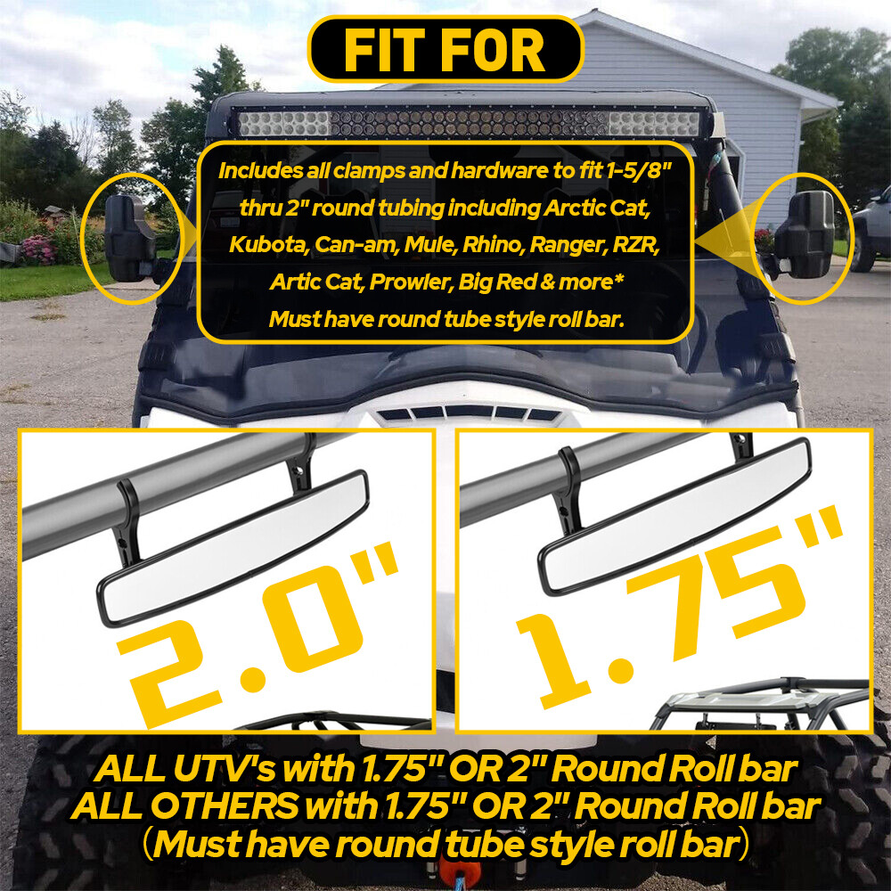 Universal UTV Rear Mirror View Side + Center Mirror Set Adjustable 1.75"-2"