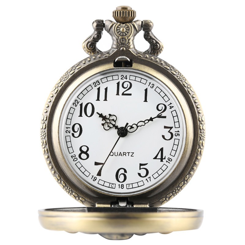 Bronze Engraved Leaf Pattern Full Hunter Quartz Pocket Watch Arabic Number Dial