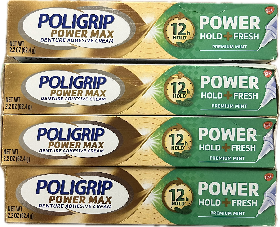 Poligrip Power Hold + Fresh Denture Cream, Premium Peppermint - 2.2 Oz - 4 PACK
