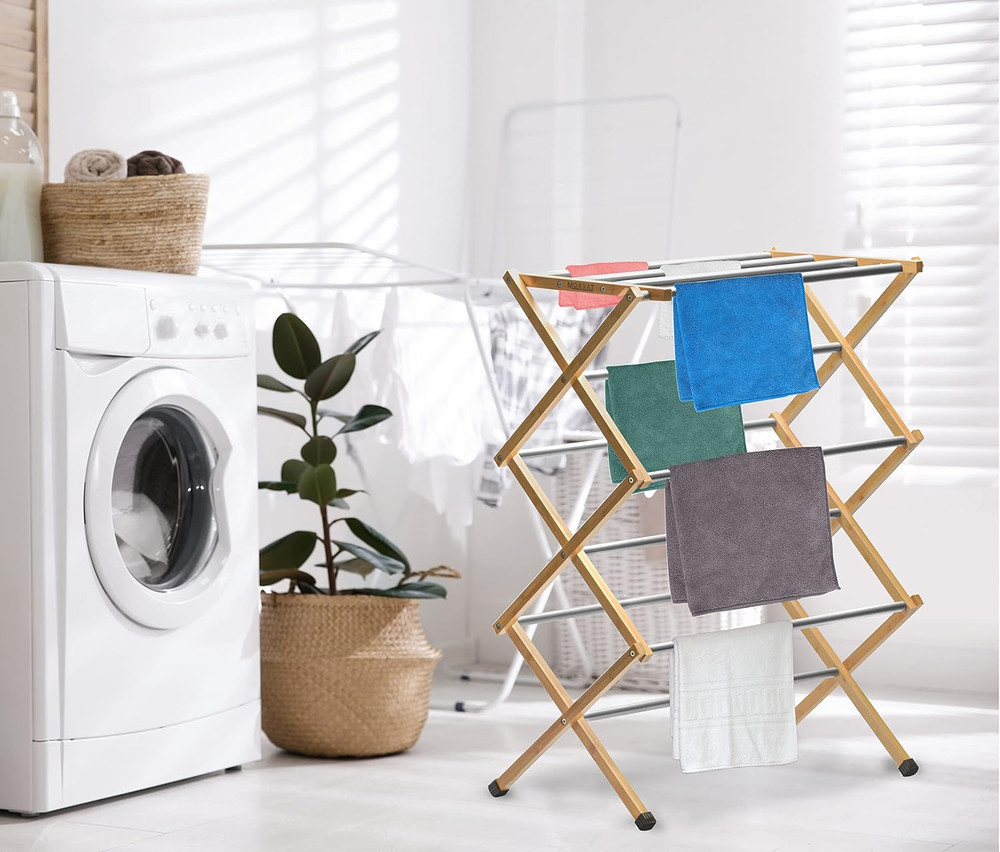 Bamboo Folding Clothes Drying Rack - 11 Poles, Adjustable Height, Collapsible