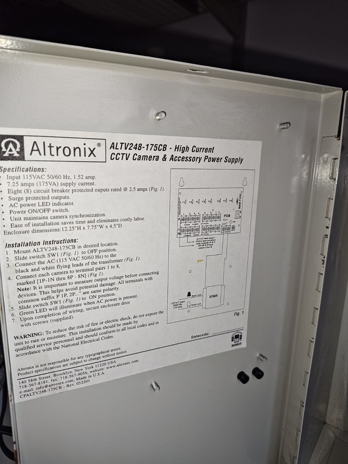 Altronix ALTV248 CCTV 120 VAC input Wall Mount 24 VAC output Power Supply 4 AMP