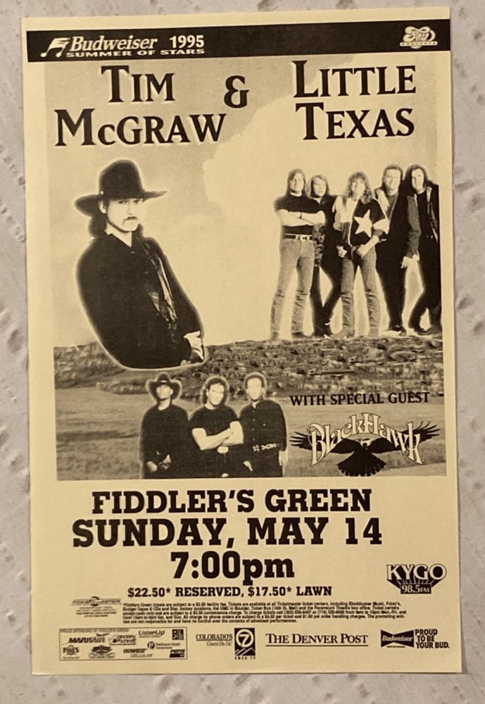 Tim McGraw Little Texas 1995 Tour Poster Fiddler’s Green Denver Country Music