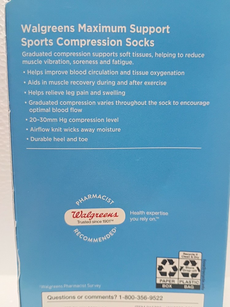 Walgreens ~Sports Compression Socks ~Max Support ~Size: Medium ~One Pair