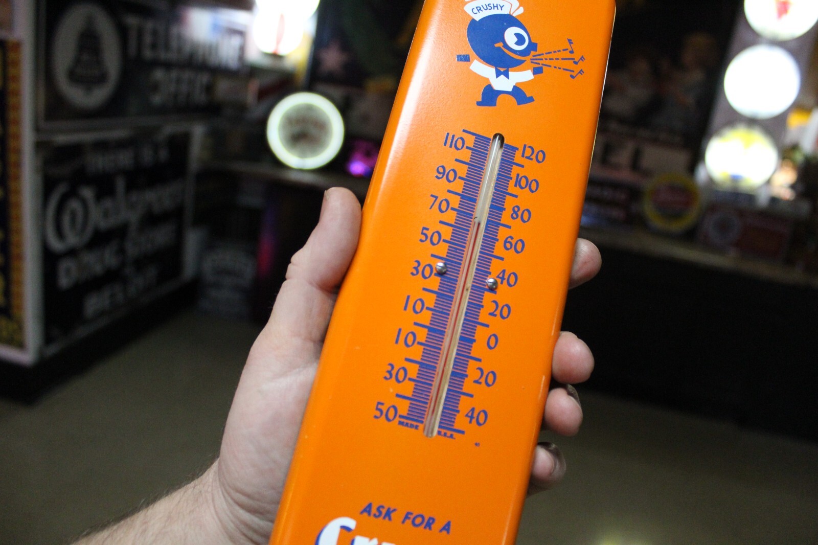 SCARCE 1950s ORANGE CRUSH SODA POP PAINTED METAL THERMOMETER SIGN PEPSI COKE RC