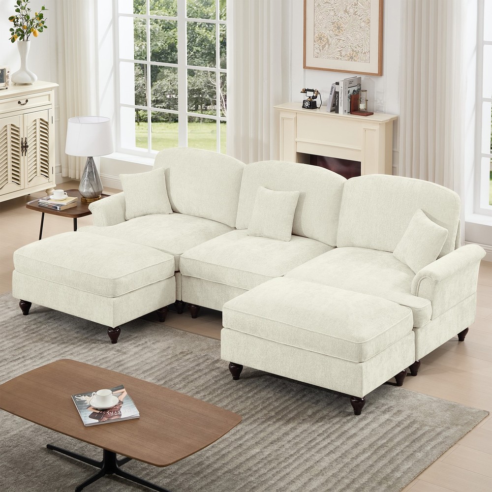 Comfy Modular Sectional Sofa U-Shape w/ Ottoman & Removable Skirts, Beige