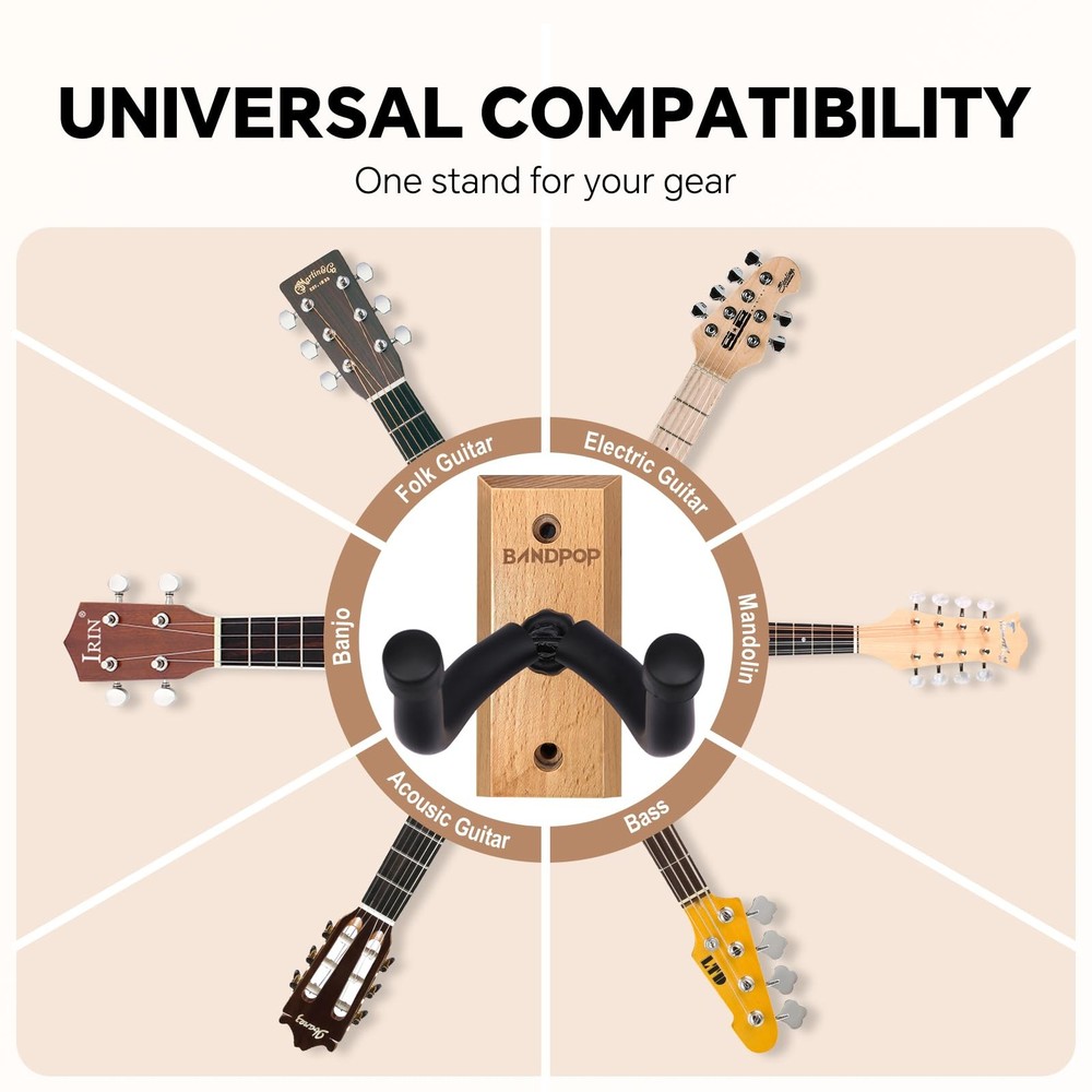 Bandpop Guitar Wall Mount 4 Pack - Solid 2 Pack, Nature Beech Wood 4pack