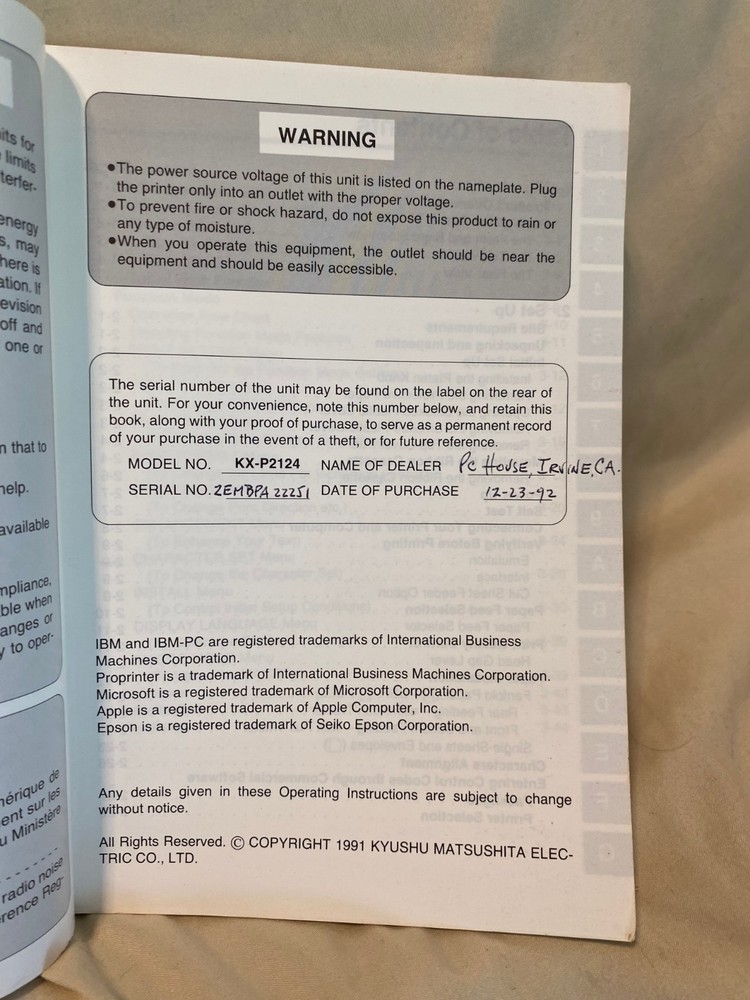 Panasonic KX-P2124 Operating Instructions Manual - Impact Dot Matrix Printer