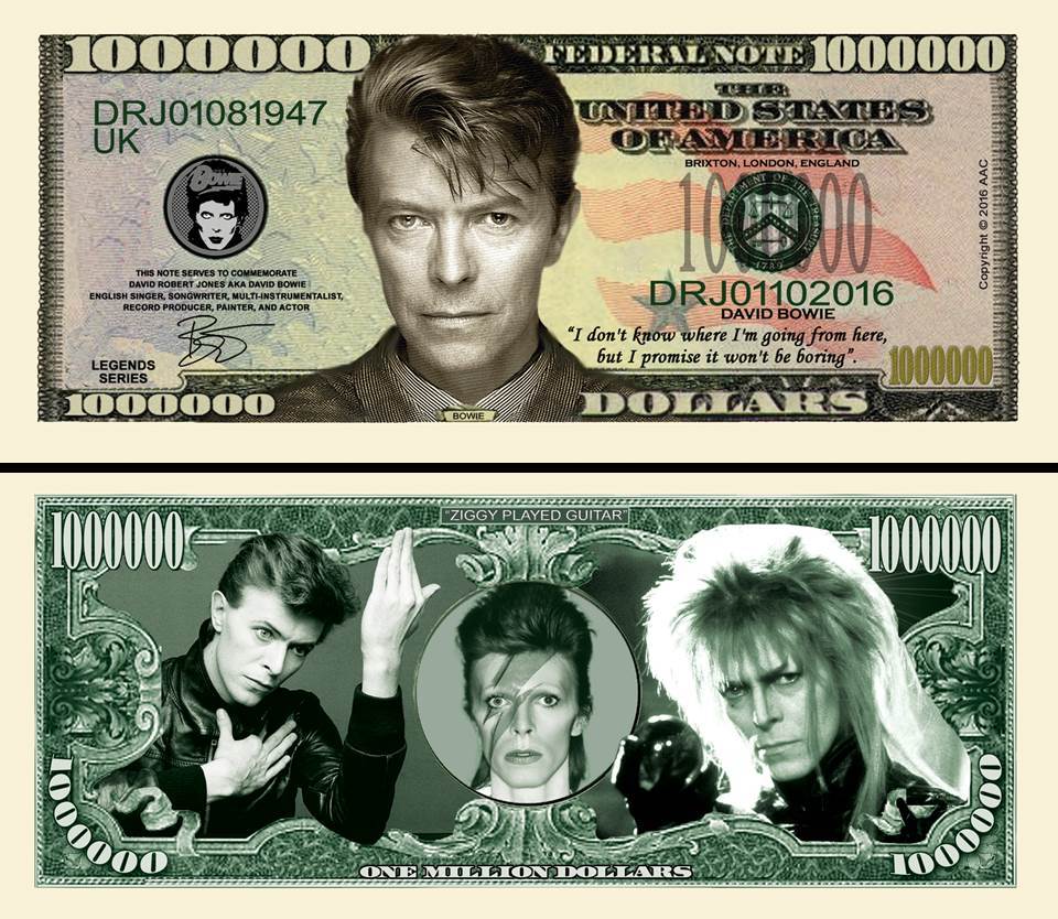 David Bowie Million Dollar Bill Play Funny Money Novelty Note + FREE SLEEVE