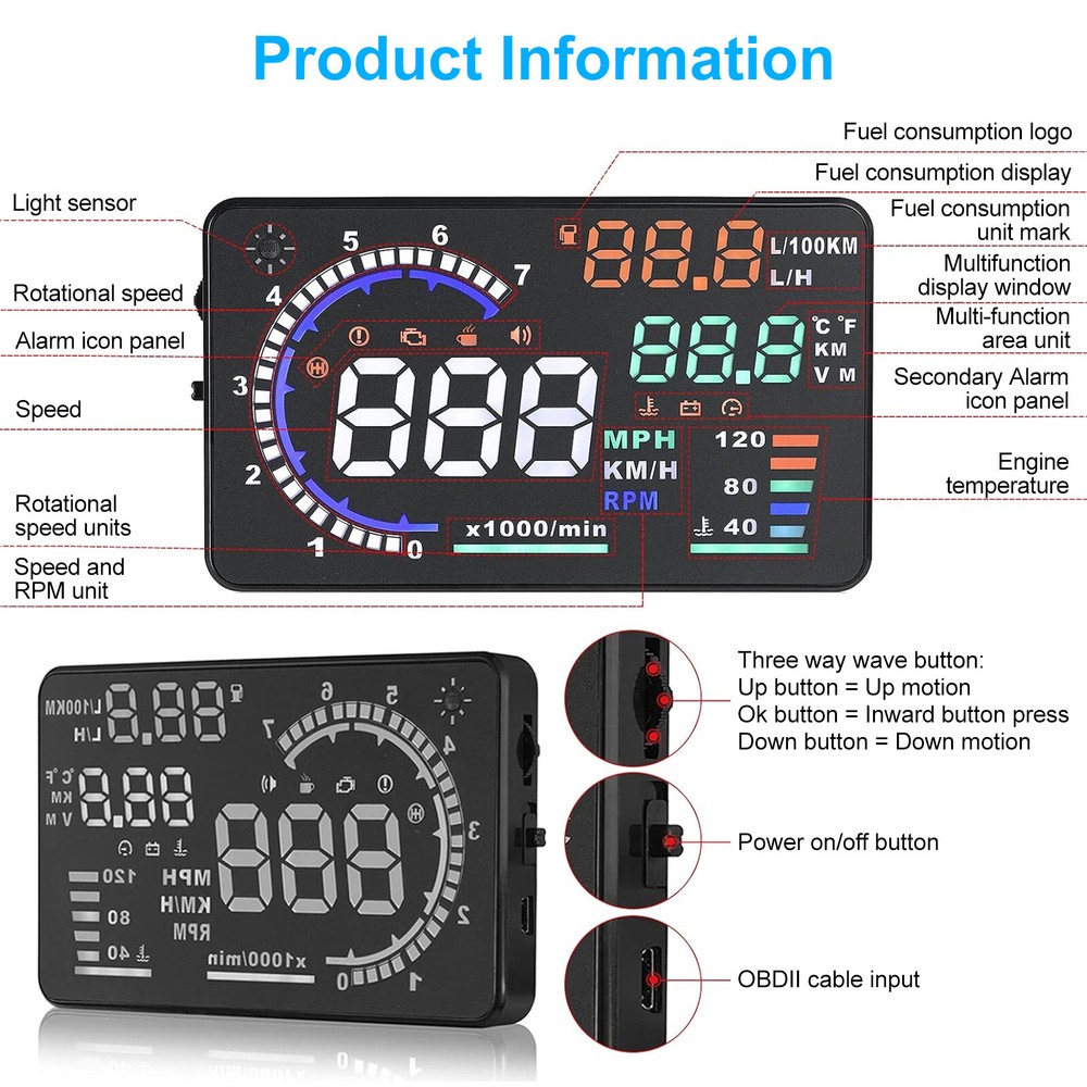 OBD II Car HUD Head Up Display 5.5'' Dash Screen Digital Speedometer Projector