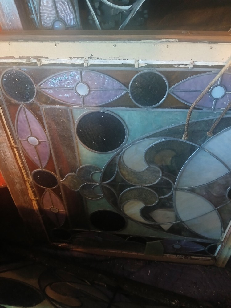 antique stained glass window pair