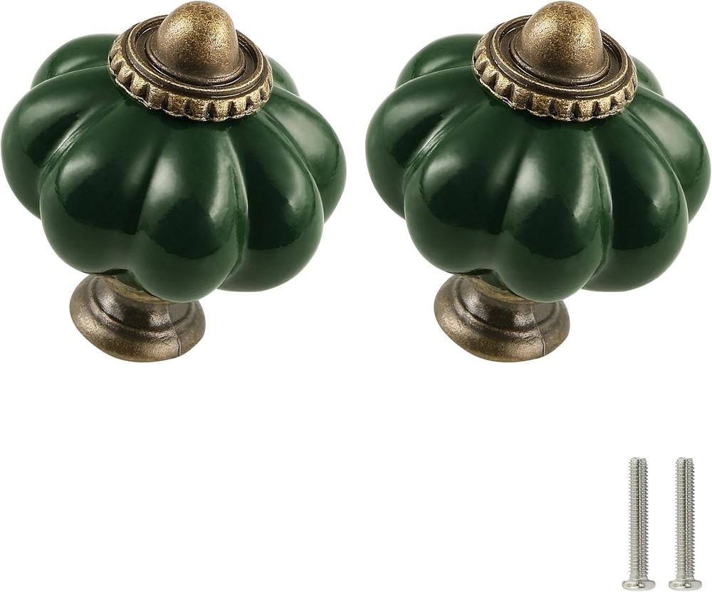 4; DARK GREEN GLASS Cabinet Drawer Knobs Depression Antique Brass Hardware