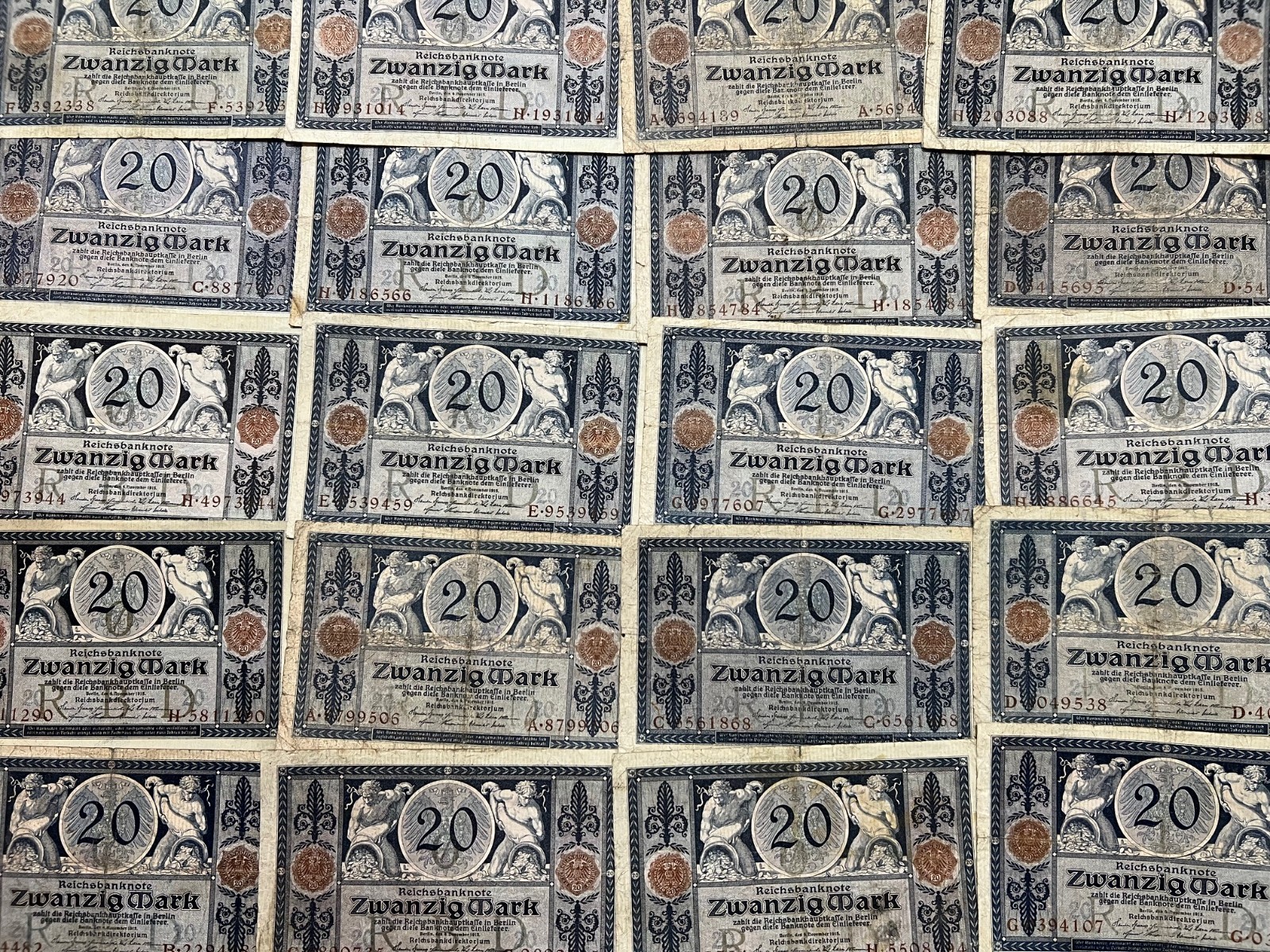 2x 1915 Germany 20 Mark Banknote Great War WW1 WWI Antique Artifact Art Relic