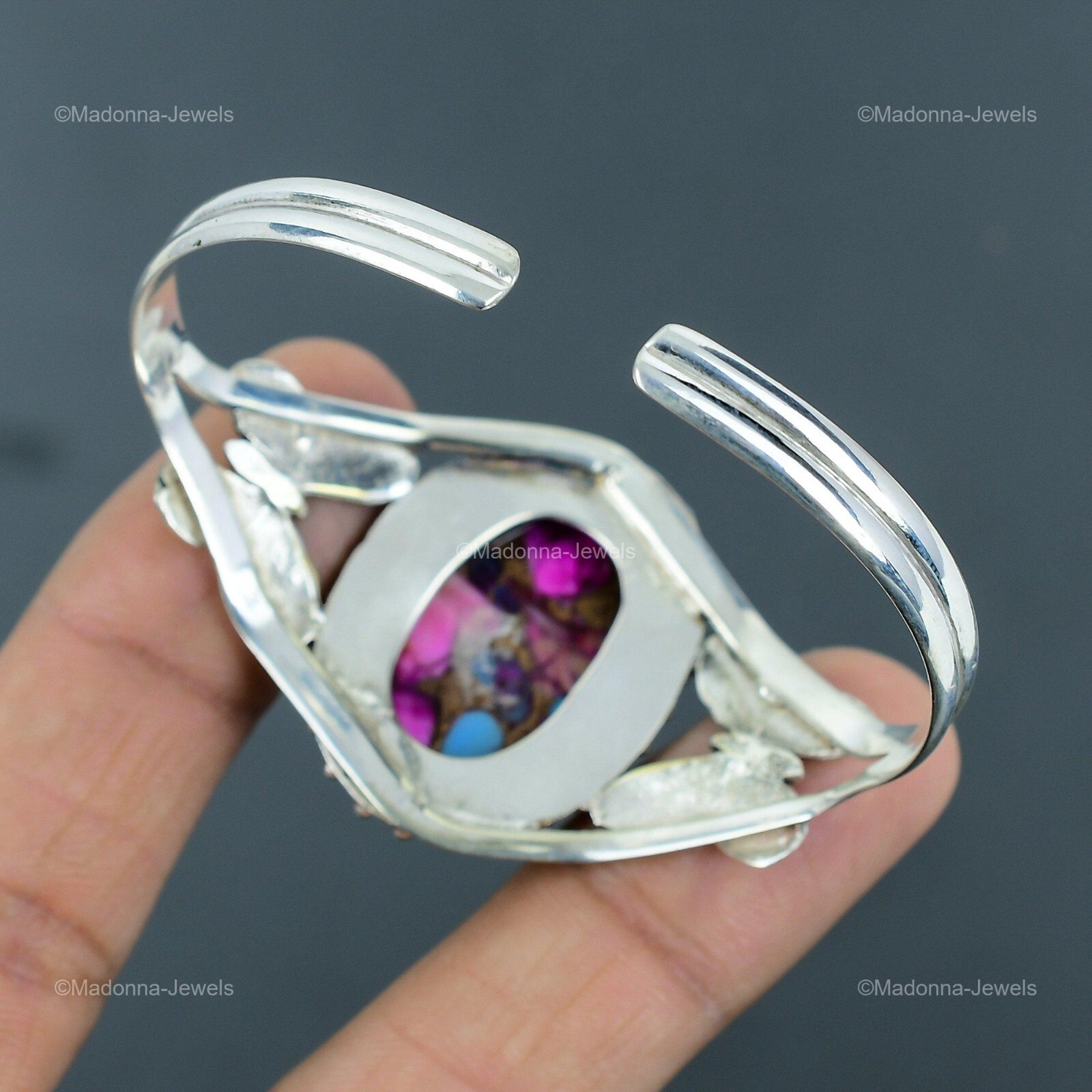 Sterling Silver Natural Kingman Pink Dahlia Turquoise Gemstone Bangle Jewelry