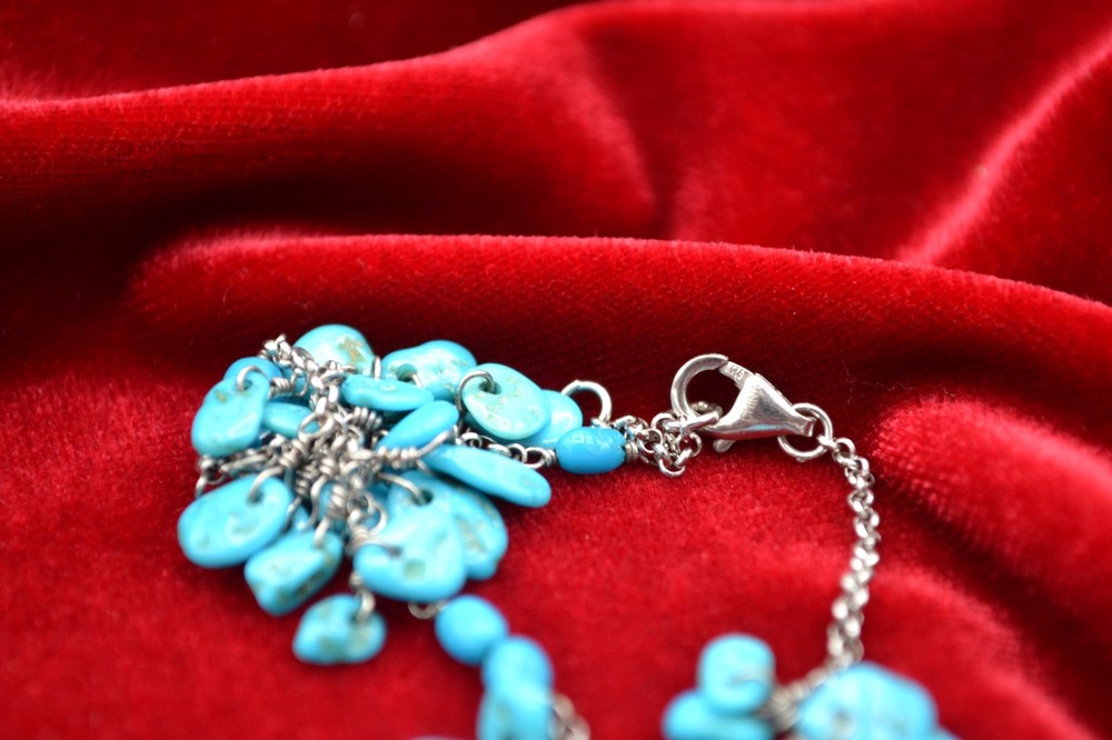 Bracelet Signed GS 925 Dangle Turquoise Stones