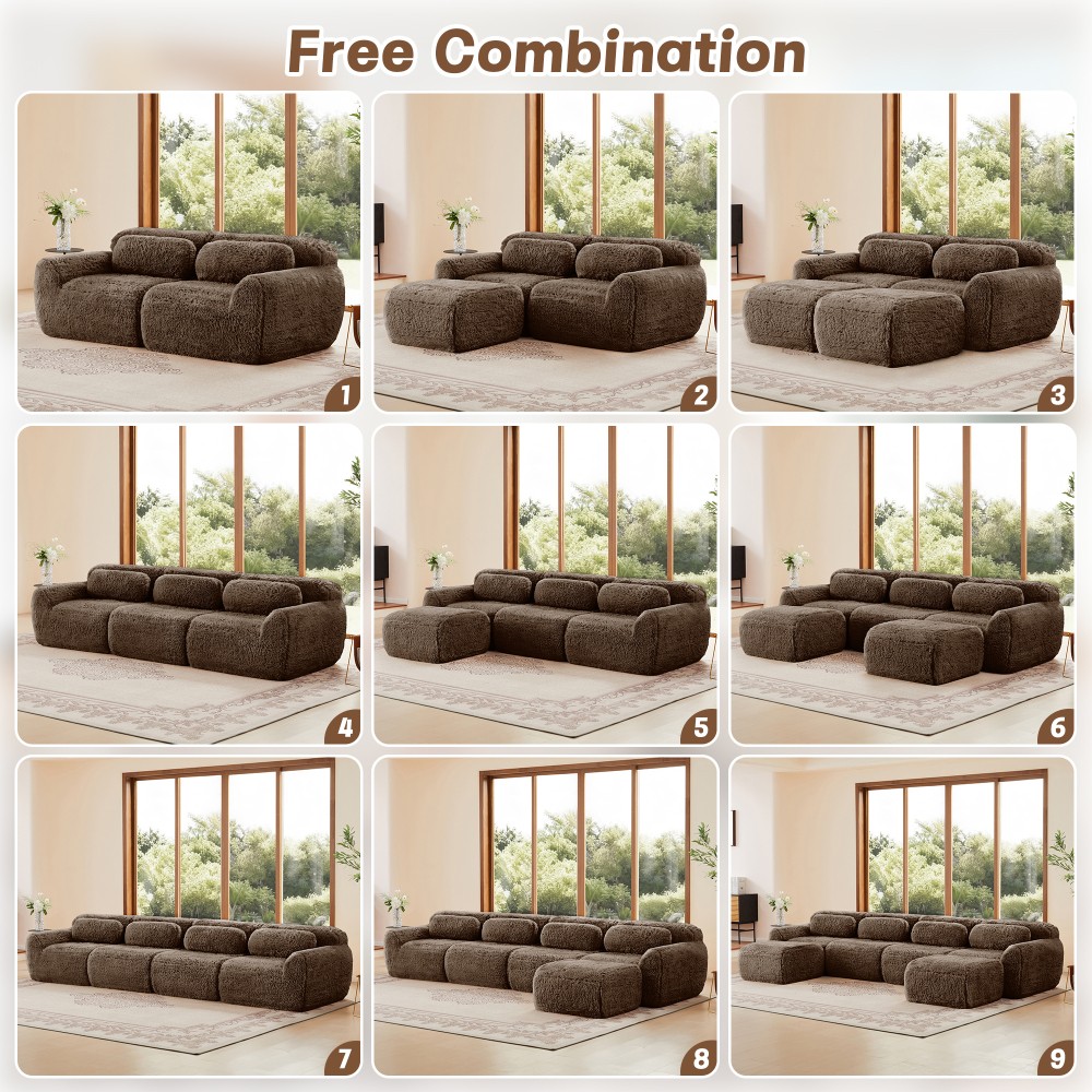 114'' Plush Modular Sectional Sofa w/Ottoman & Pillows - Chocolate