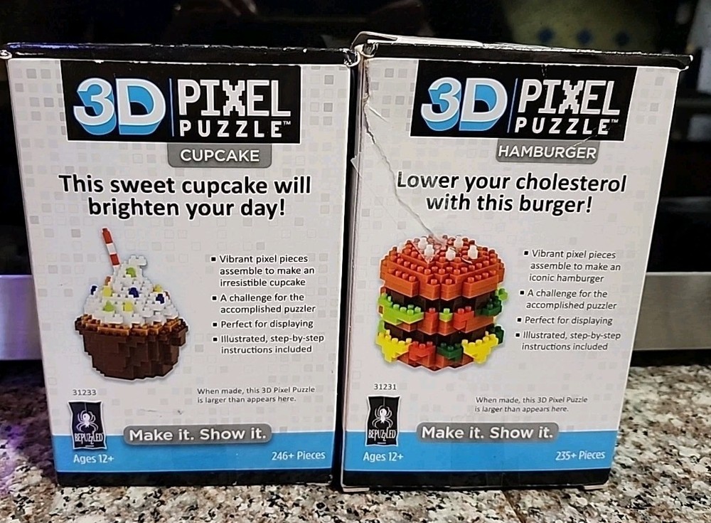 BePuzzled 3D Pixel Puzzle Lot Hamburger & Cupcake, Level-2!
