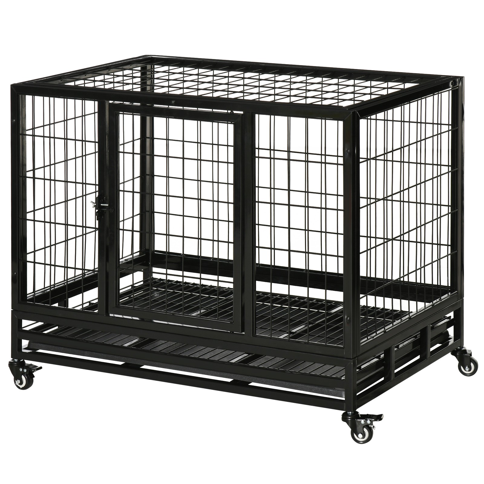 36" Heavy Duty Dog Crate with Tray Lockable Wheels Double Door Medium Large Dogs