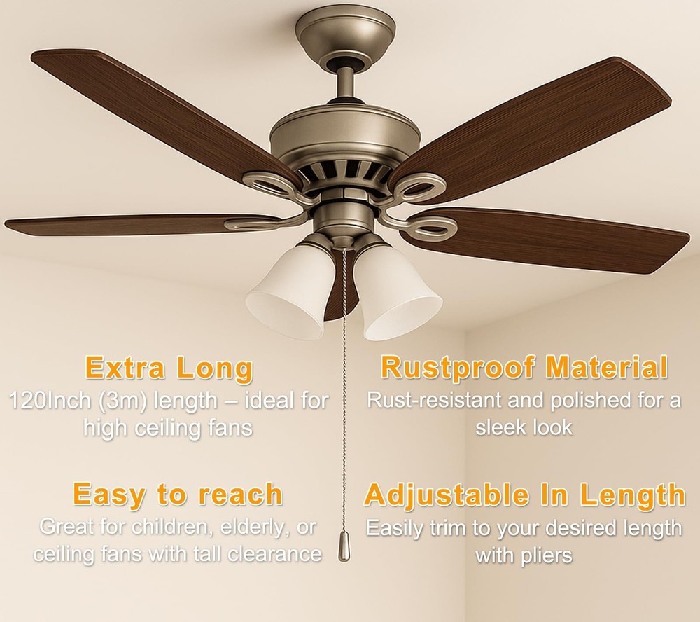 120" Ceiling Fan Pull Chain Extender - Chain with 12 Connectors, Adjustable L...