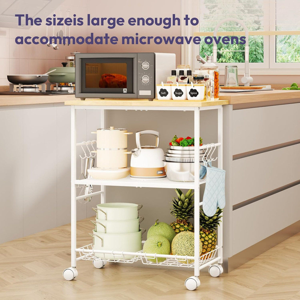 Rolling Kitchen Microwave Cart - 3 Tier Microwave Table Stand with Storage Baske