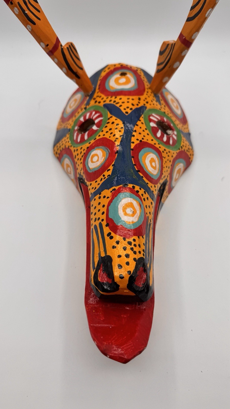 Vintage Hand Carved Guatemalan Deer Mask Painted Folk Art Wall Decor